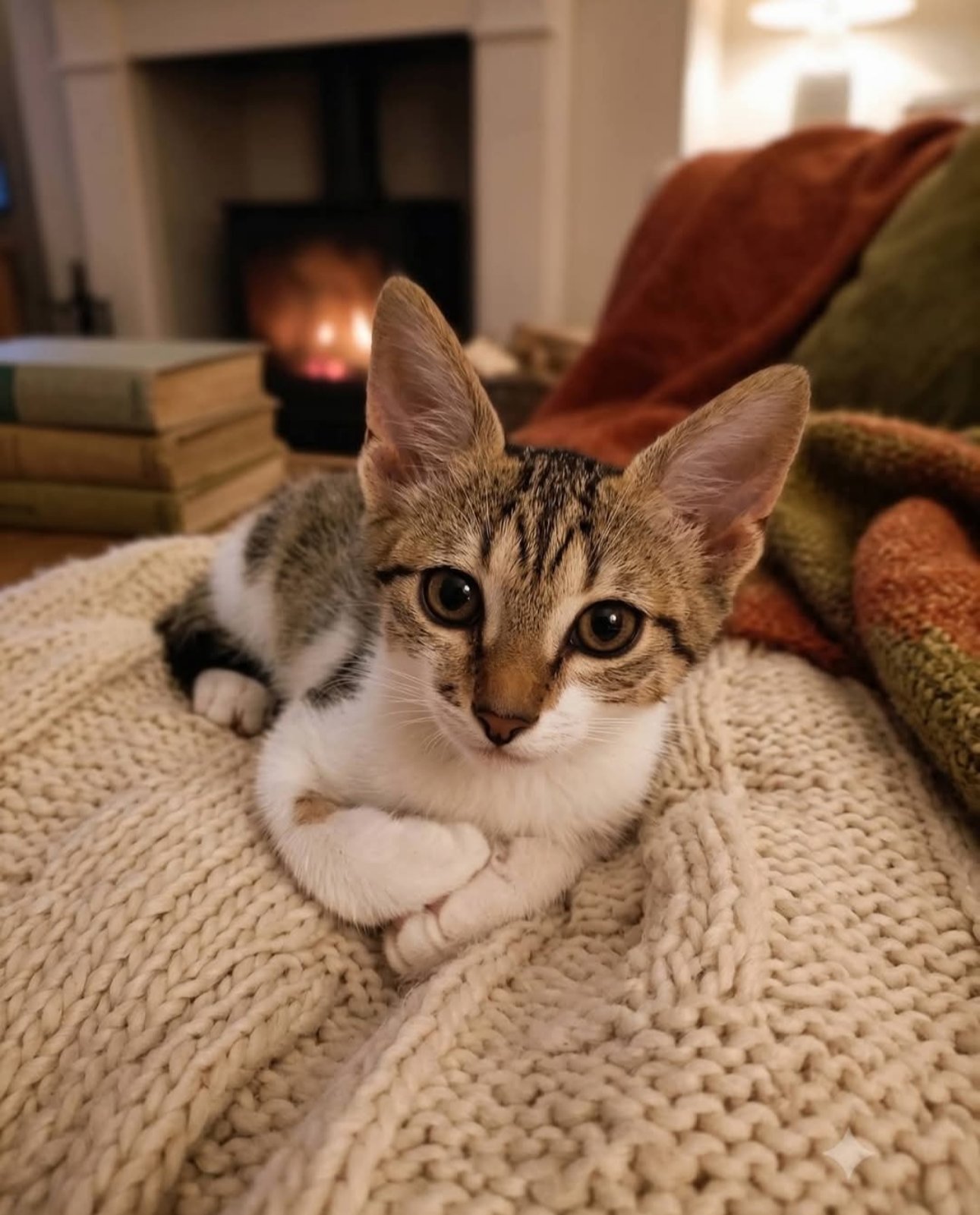 Уютно коте на меко одеяло до камина